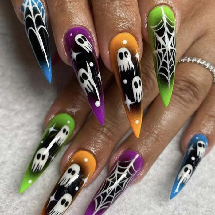 Halloween Ghost and Spiderweb Press On Nails with Neon Gradient Tips