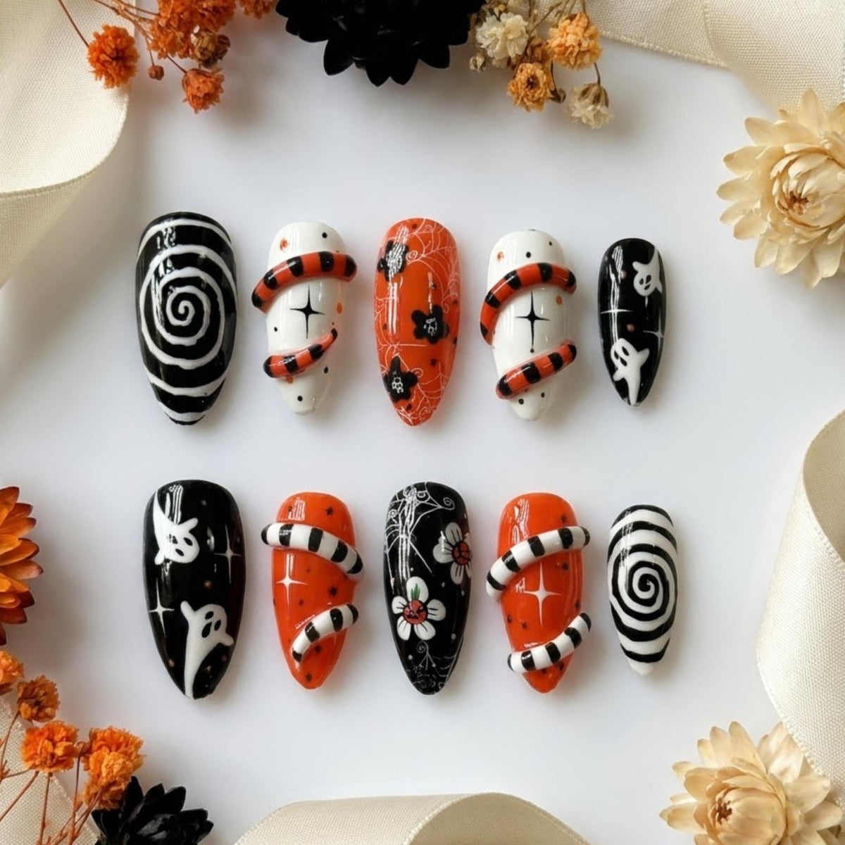 Halloween Ghost and Striped Sandworm Press On Nails