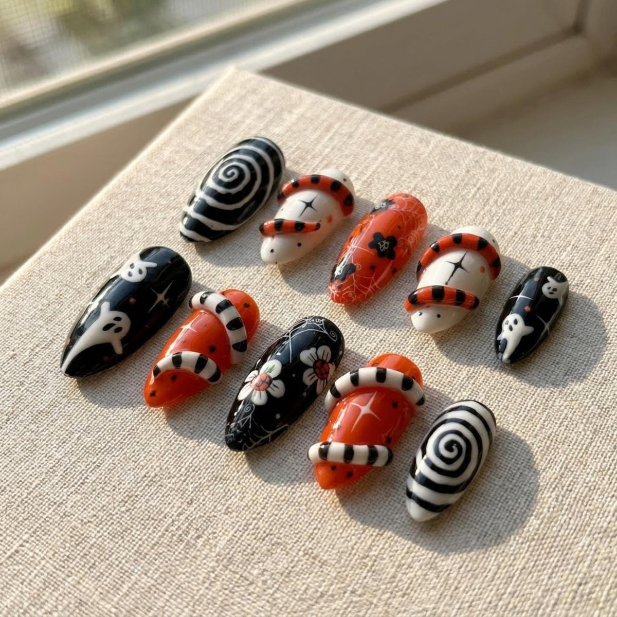 Halloween Ghost and Striped Sandworm Press On Nails