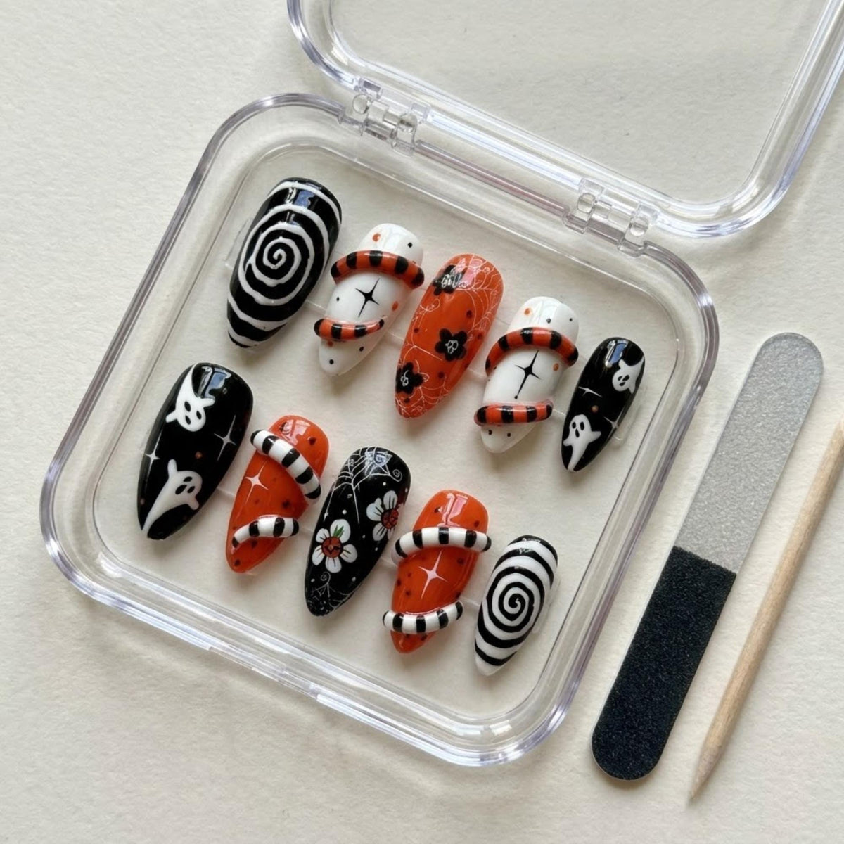 Halloween Ghost and Striped Sandworm Press On Nails