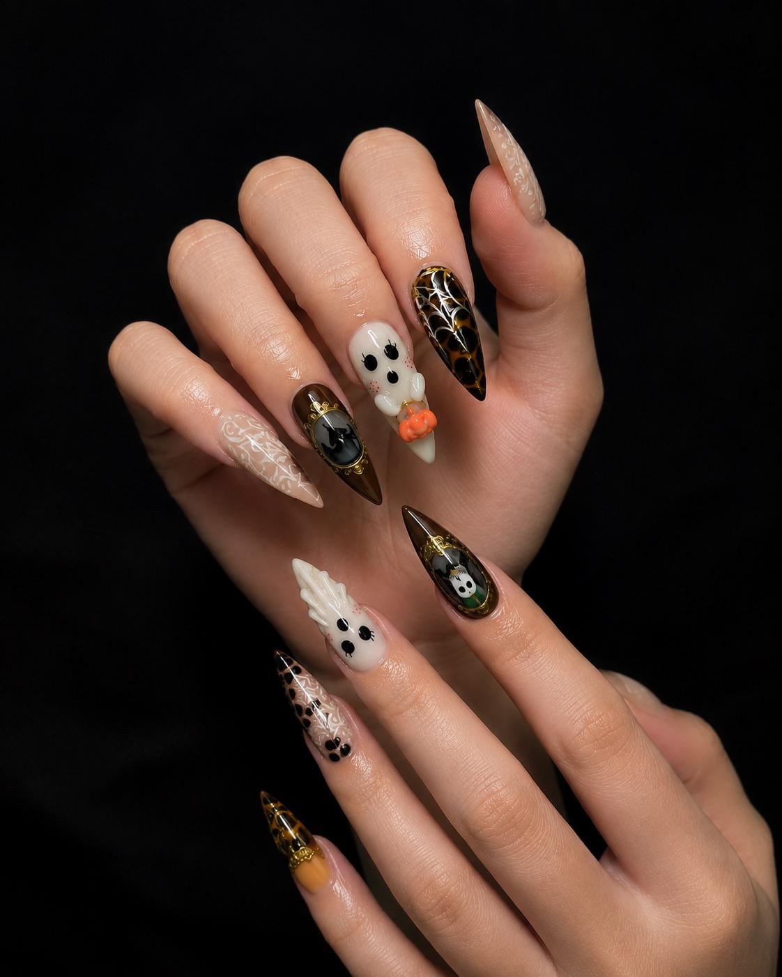 Halloween Ghost and Web Press On Nails With Gold Accents
