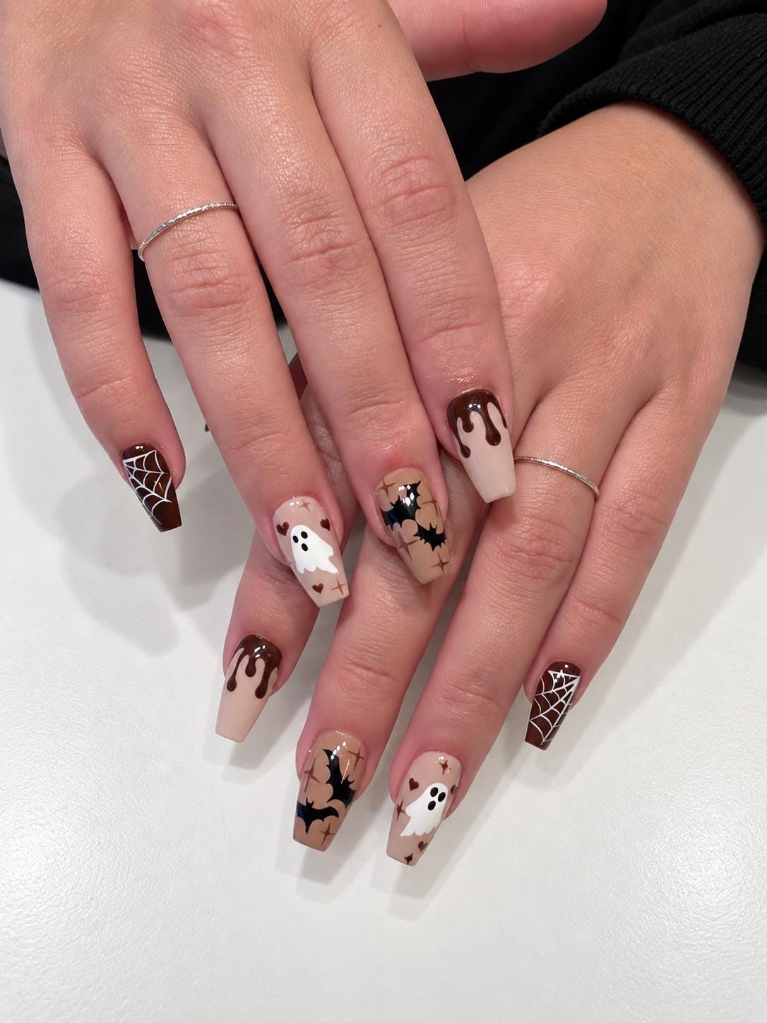 Halloween Ghost, Bat, and Spiderweb Press-On Nails in Brown, Black, and Nude