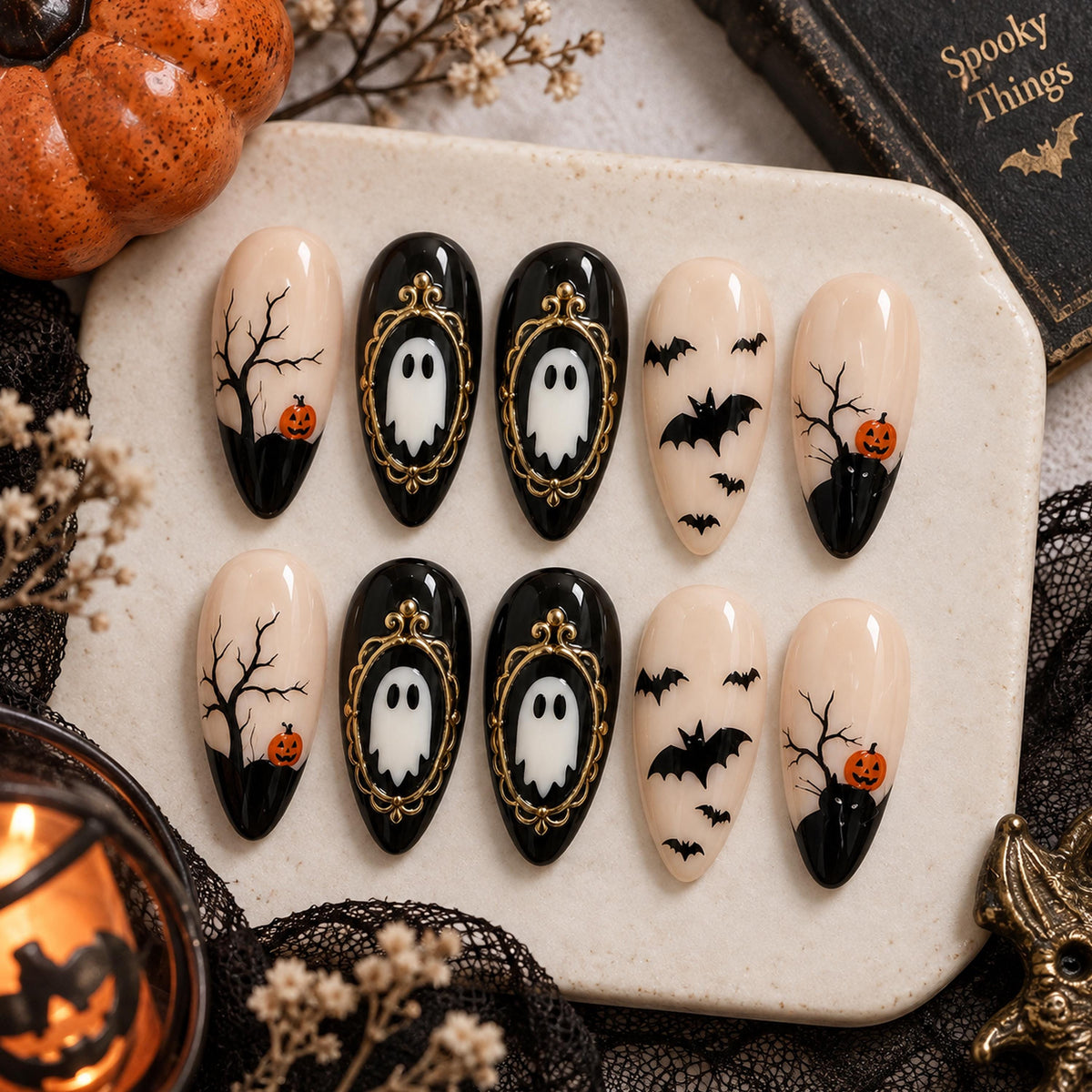 Halloween Ghost, Bat & Pumpkin Nails with Ornate Gold Frames