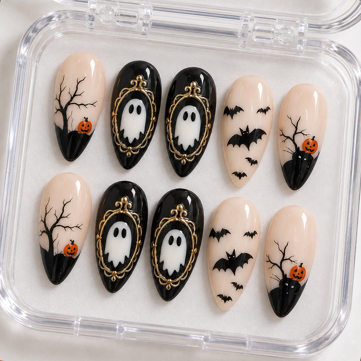 Halloween Ghost, Bat & Pumpkin Nails with Ornate Gold Frames