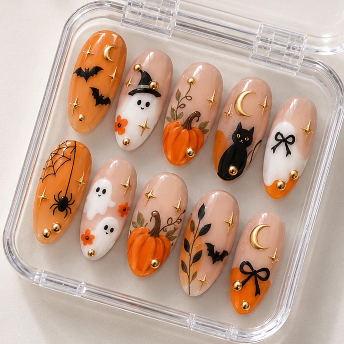 Halloween Ghost, Black Cat & Pumpkin Press On Nails in Orange and Nude