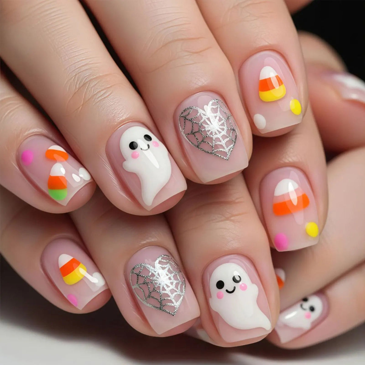 Halloween Ghost, Candy Corn & Silver Spiderweb Press-On Nails