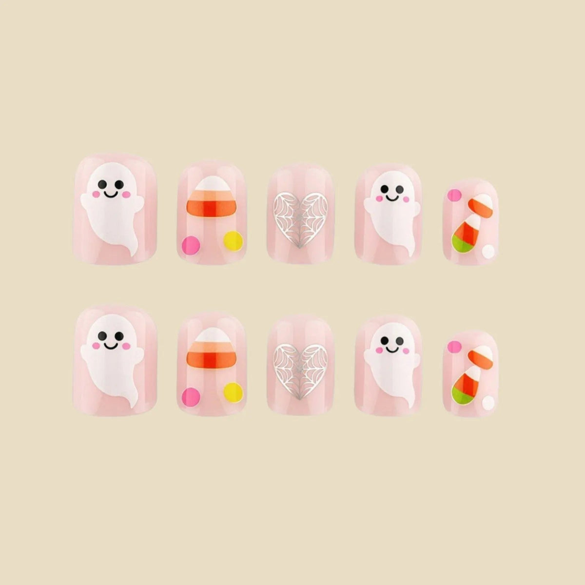 Halloween Ghost, Candy Corn & Silver Spiderweb Press-On Nails