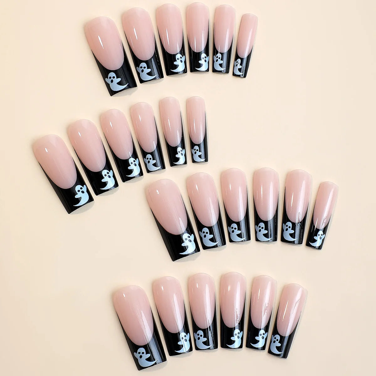 Halloween Ghost French Tip Press-On Nails in Sheer Nude Pink and Black