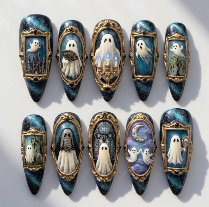 Halloween Ghost Press On Nails in Ornate Gold Frames on Blue-Black Glitter