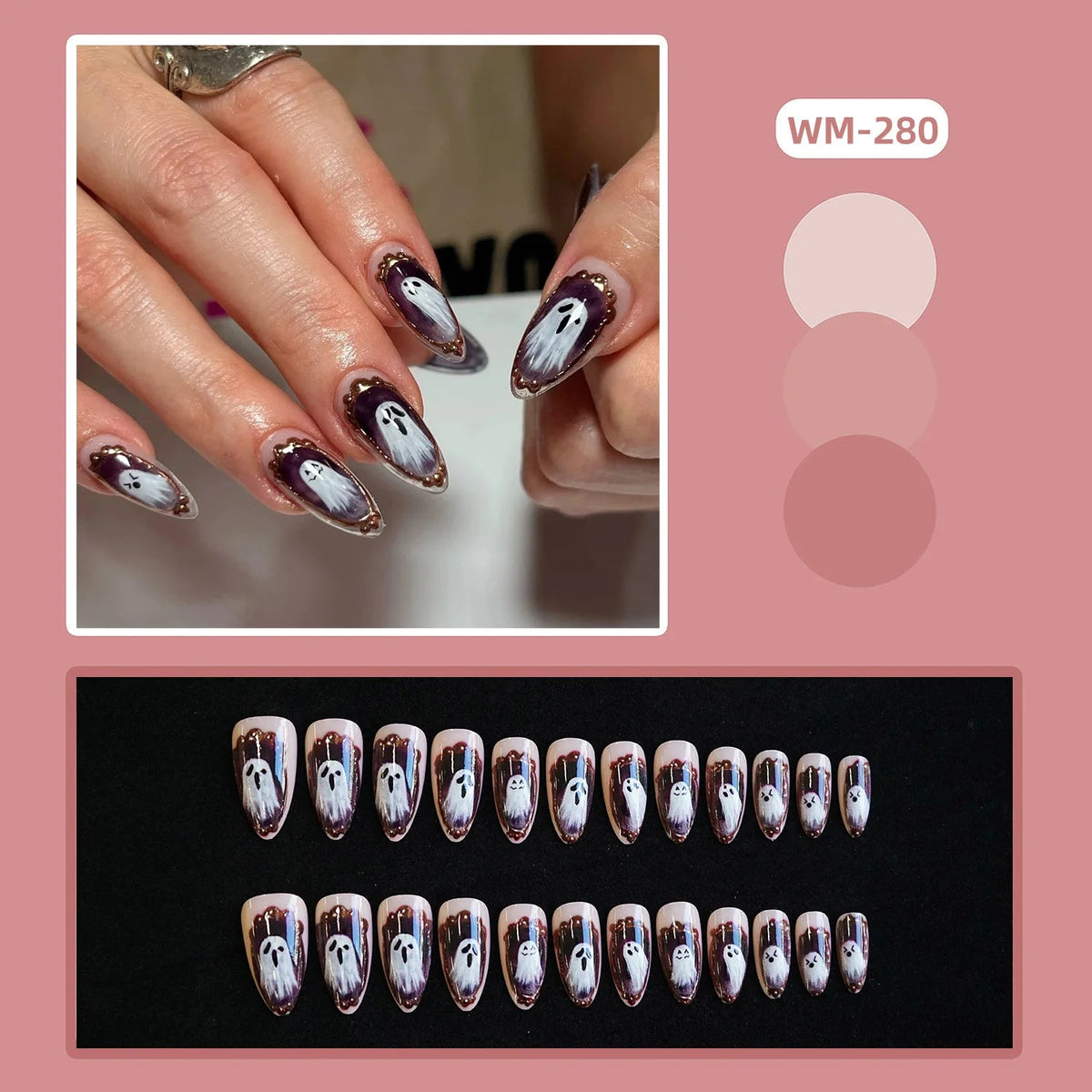 Halloween Ghost Press On Nails With Dark Shading and Gold Accents