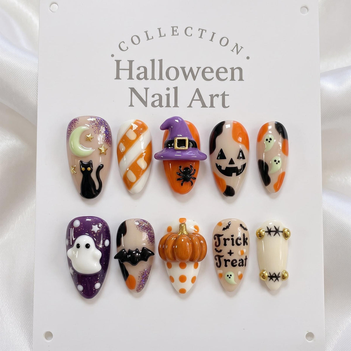 Halloween Ghost, Pumpkin, Cat and Witch Hat Press-On Nail Set