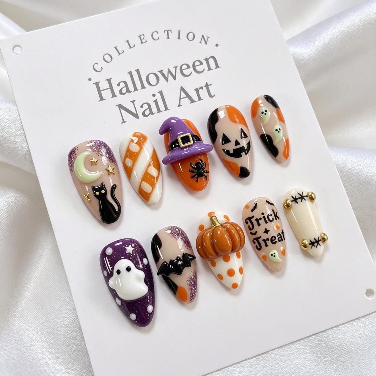 Halloween Ghost, Pumpkin, Cat and Witch Hat Press-On Nail Set