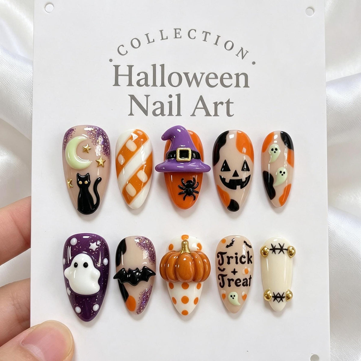 Halloween Ghost, Pumpkin, Cat and Witch Hat Press-On Nail Set