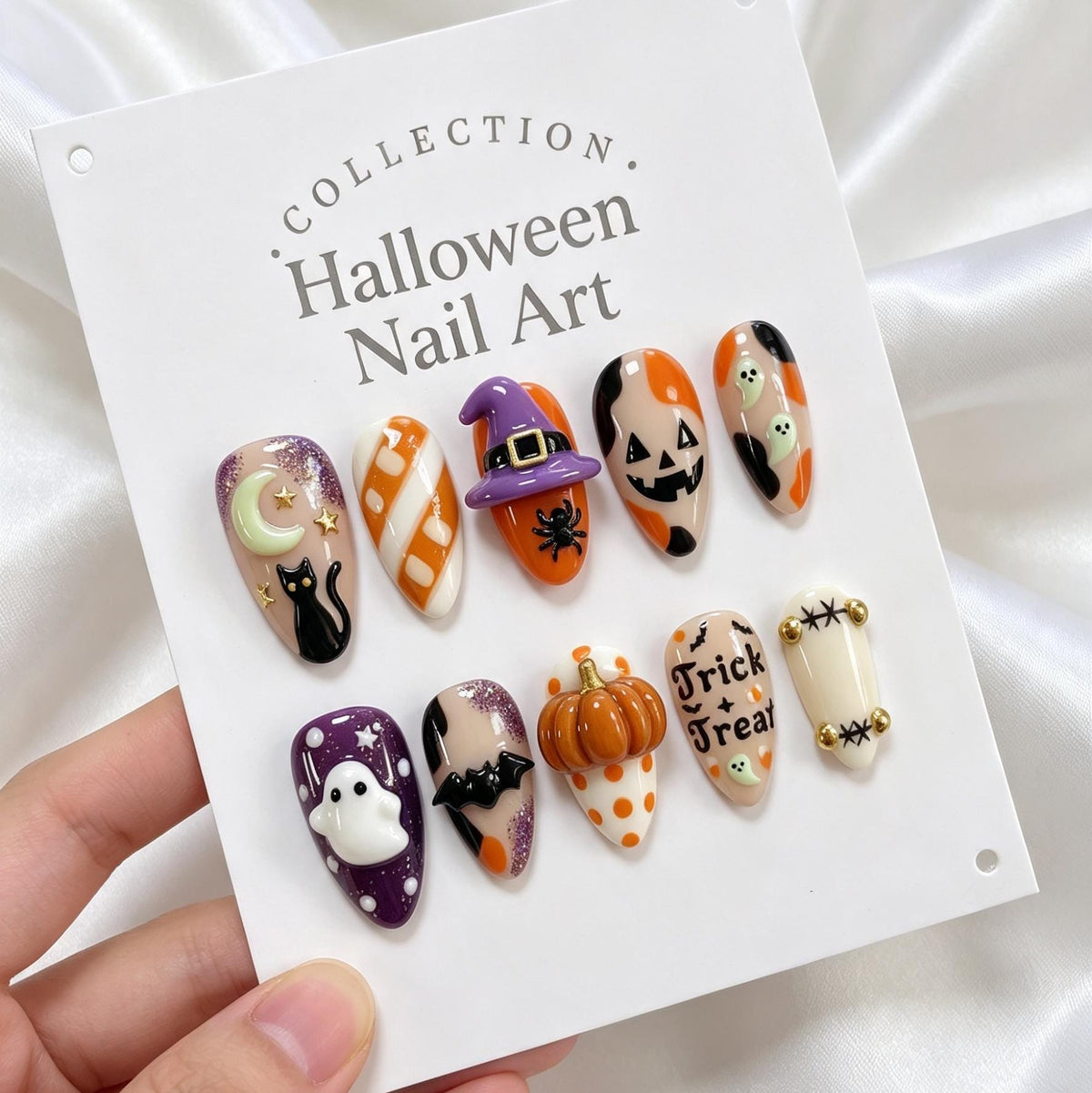 Halloween Ghost, Pumpkin, Cat and Witch Hat Press-On Nail Set