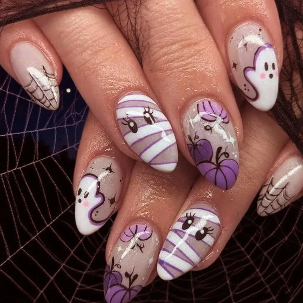 Halloween Ghost, Spiderweb, and Pumpkin Press On Nails in Pink, White, and Lavender