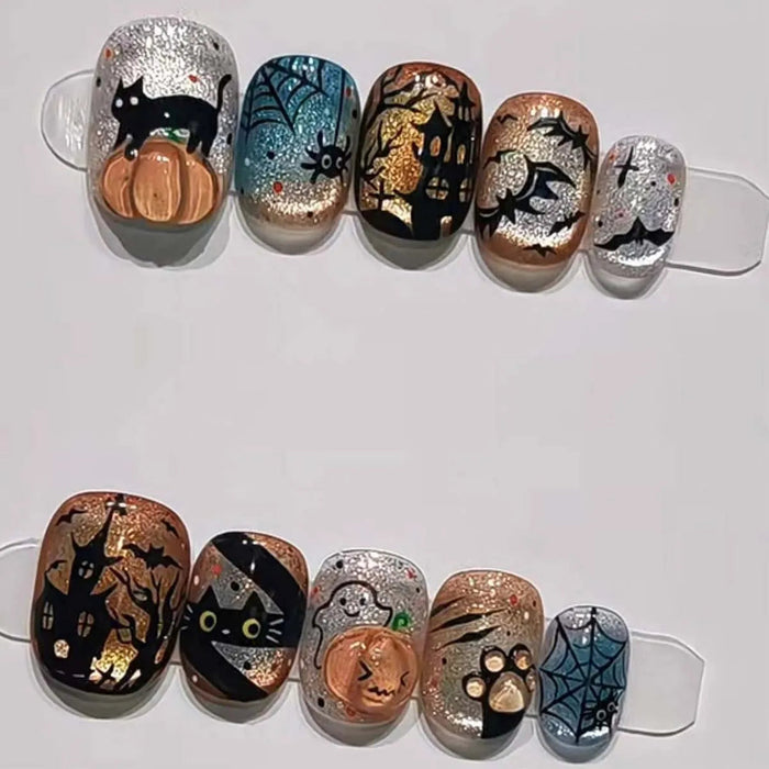 Halloween Glitter Ombre Press On Nail Set With Cats, Pumpkins, Ghosts and Haunted Houses