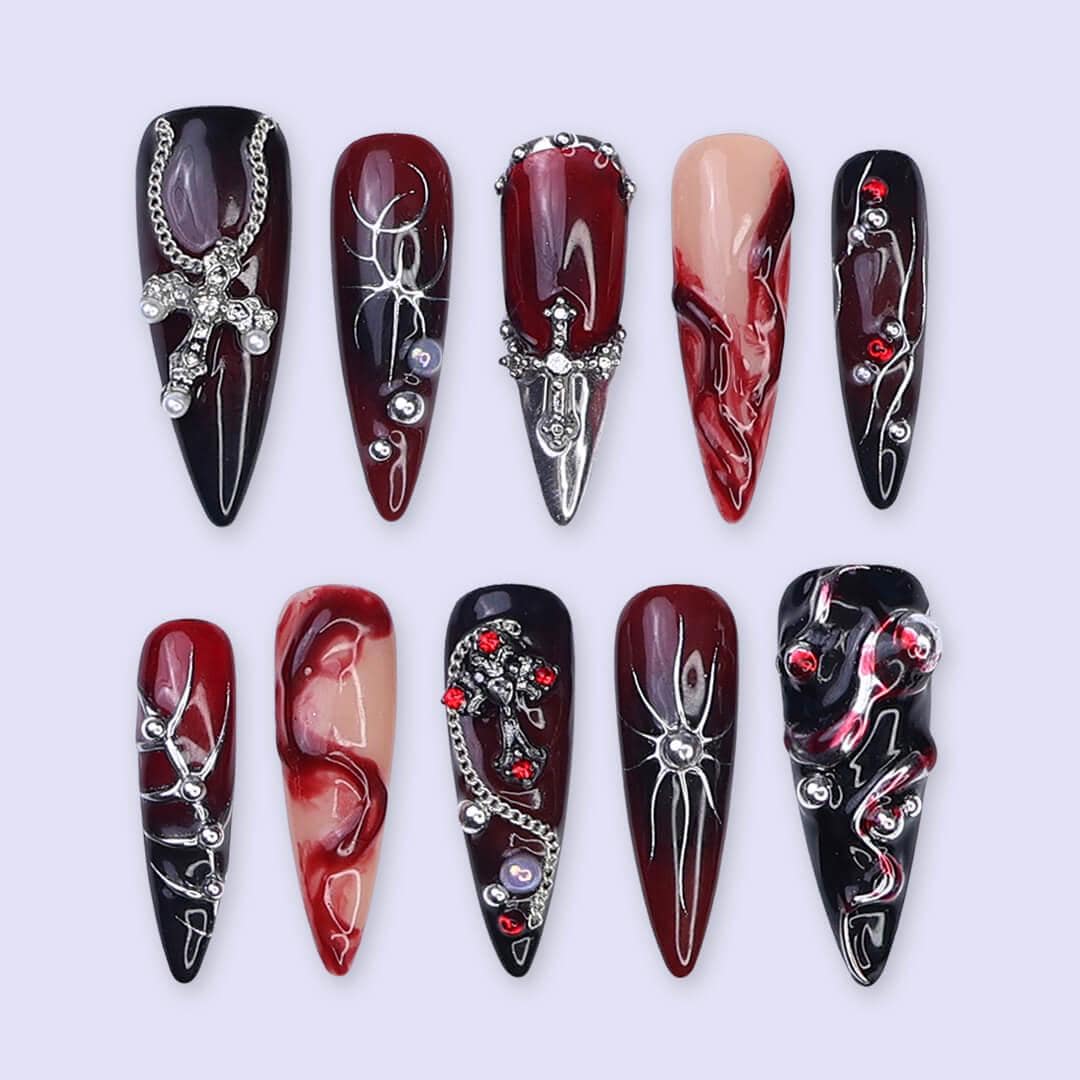 Halloween Gothic Black and Burgundy Press On Nails With Silver Chains, Crosses and Red Rhinestones