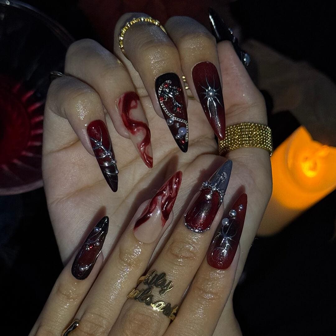 Halloween Gothic Black and Burgundy Press On Nails With Silver Chains, Crosses and Red Rhinestones