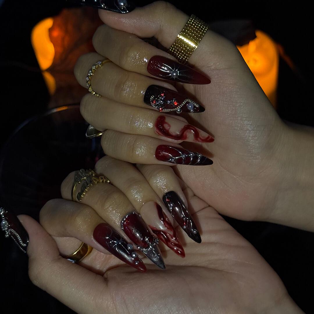 Halloween Gothic Black and Burgundy Press On Nails With Silver Chains, Crosses and Red Rhinestones