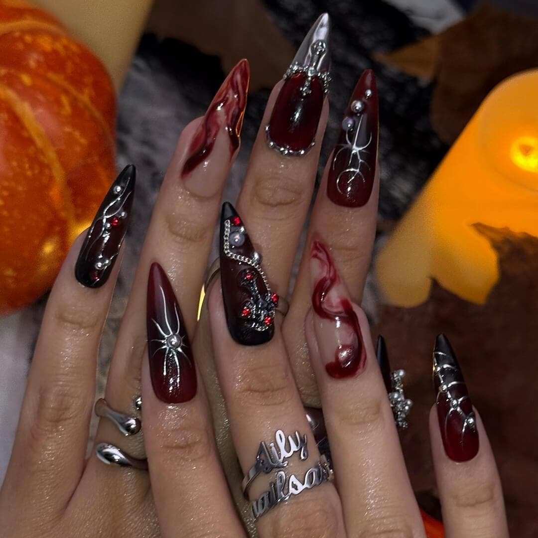Halloween Gothic Black and Burgundy Press On Nails With Silver Chains, Crosses and Red Rhinestones