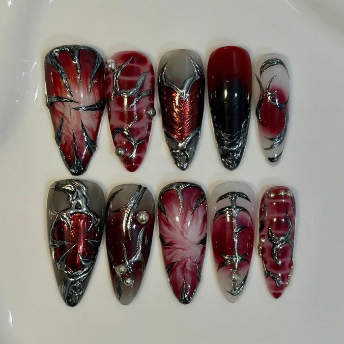 Halloween Gothic Blood Red and Silver Chrome Press On Nails with Sculptural Accents