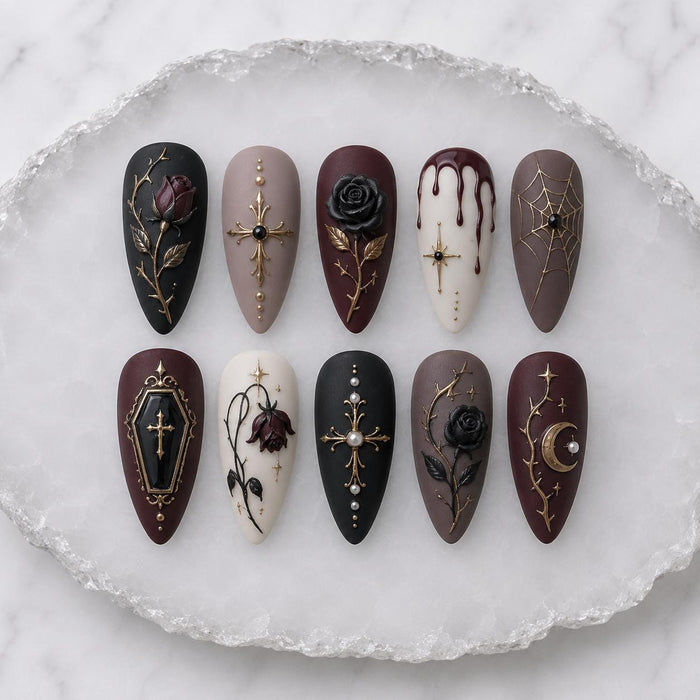 Halloween Gothic Burgundy and Black Press On Nails with Roses, Crosses and Gold Details