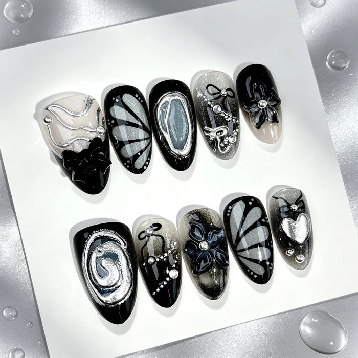 Halloween Gothic Butterfly Press On Nails in Black and Grey with 3D Bows and Rhinestones