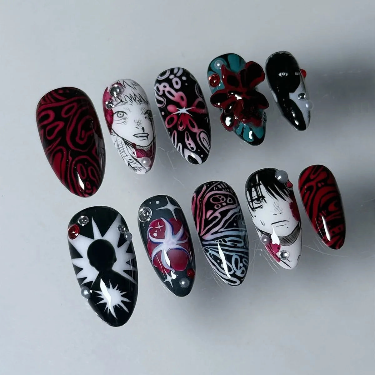 Halloween Gothic Portrait Press On Nails With Red Swirls and Silver Rhinestones