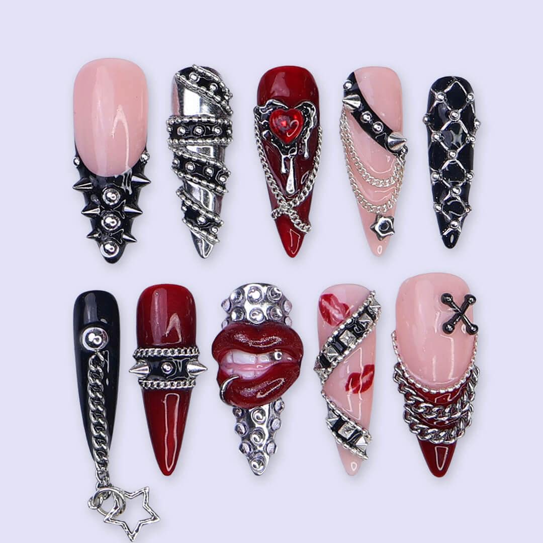 Halloween Gothic Red and Black 3D Nails With Chains, Rhinestones and Raised Lips