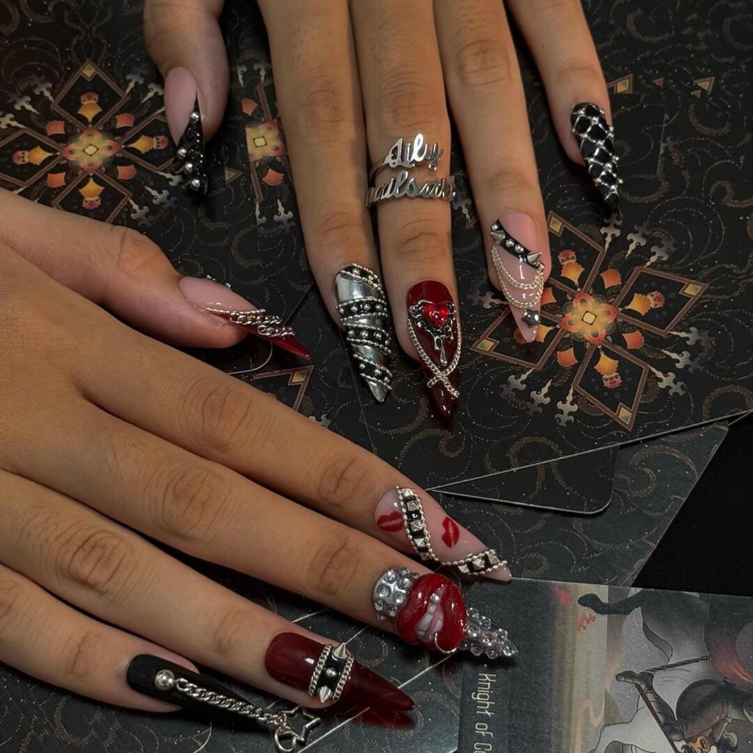 Halloween Gothic Red and Black 3D Nails With Chains, Rhinestones and Raised Lips