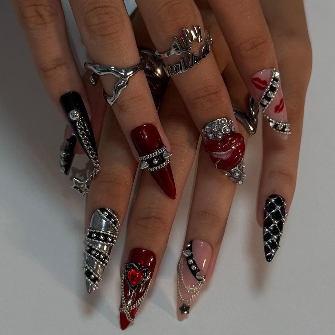Halloween Gothic Red and Black 3D Nails With Chains, Rhinestones and Raised Lips