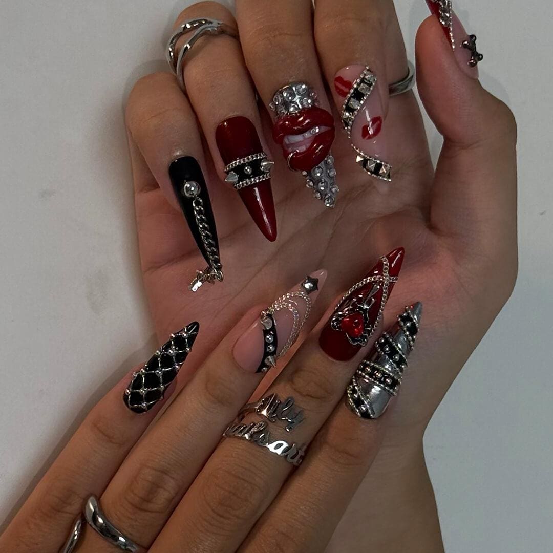 Halloween Gothic Red and Black 3D Nails With Chains, Rhinestones and Raised Lips