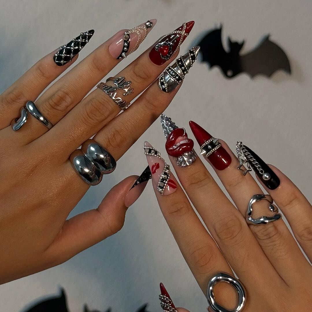 Halloween Gothic Red and Black 3D Nails With Chains, Rhinestones and Raised Lips