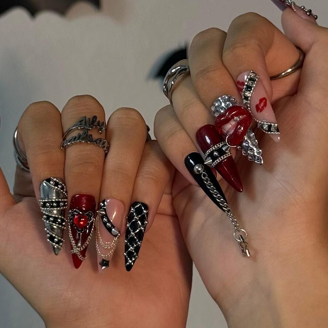 Halloween Gothic Red and Black 3D Nails With Chains, Rhinestones and Raised Lips