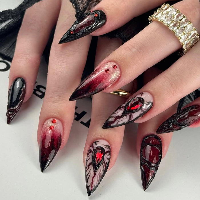 Halloween Gothic Vampire Press On Nails With Red Gems, Black Marble and Chrome Accents