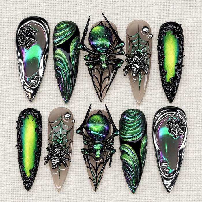 Halloween Green Cat-Eye Spider Web Press-On Nails with Silver Chrome Details