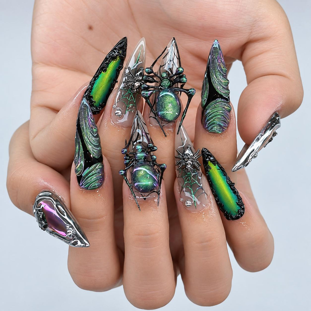 Halloween Green Cat-Eye Spider Web Press-On Nails with Silver Chrome Details