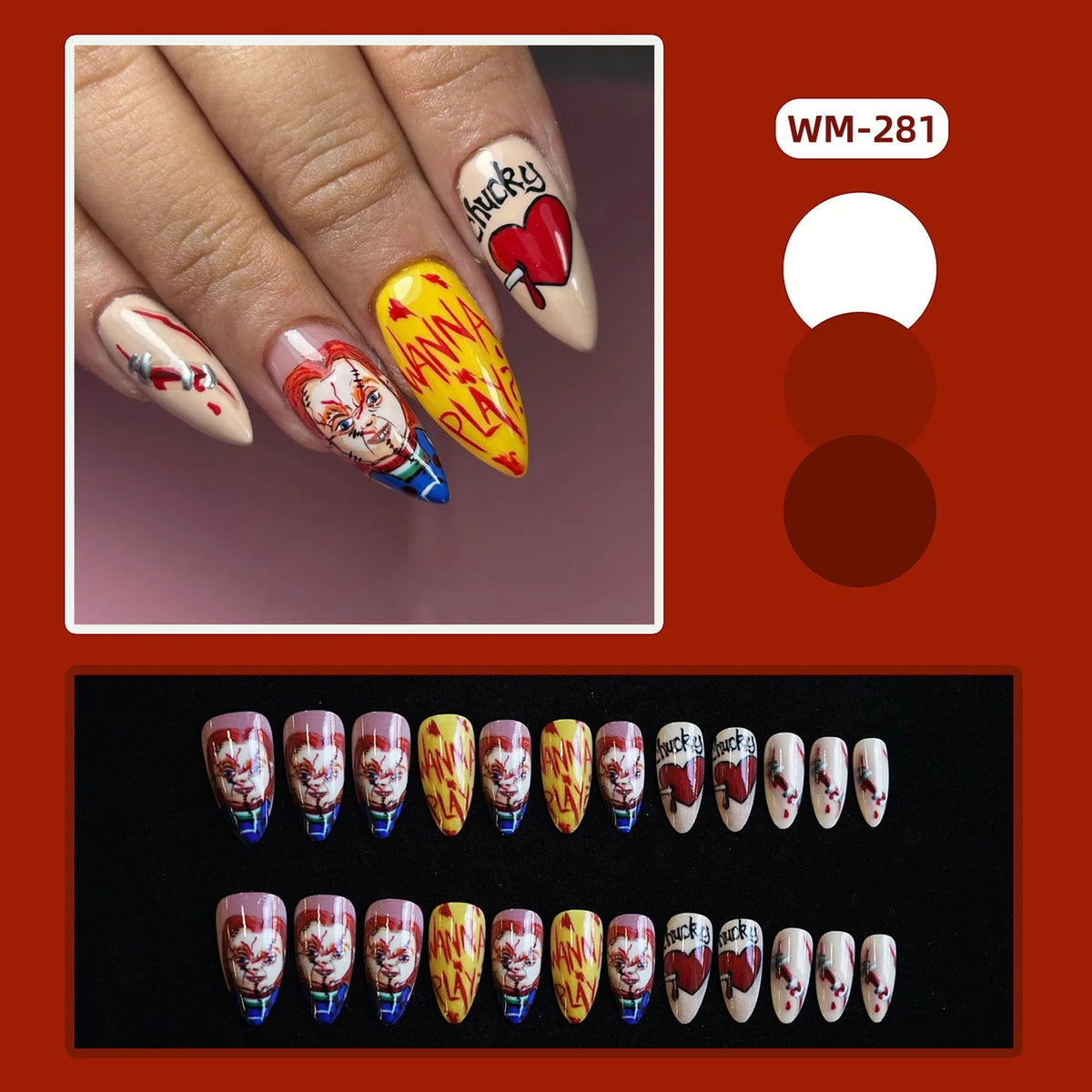 Halloween Horror Clown Press On Nail Set in Red, White, Yellow and Blue