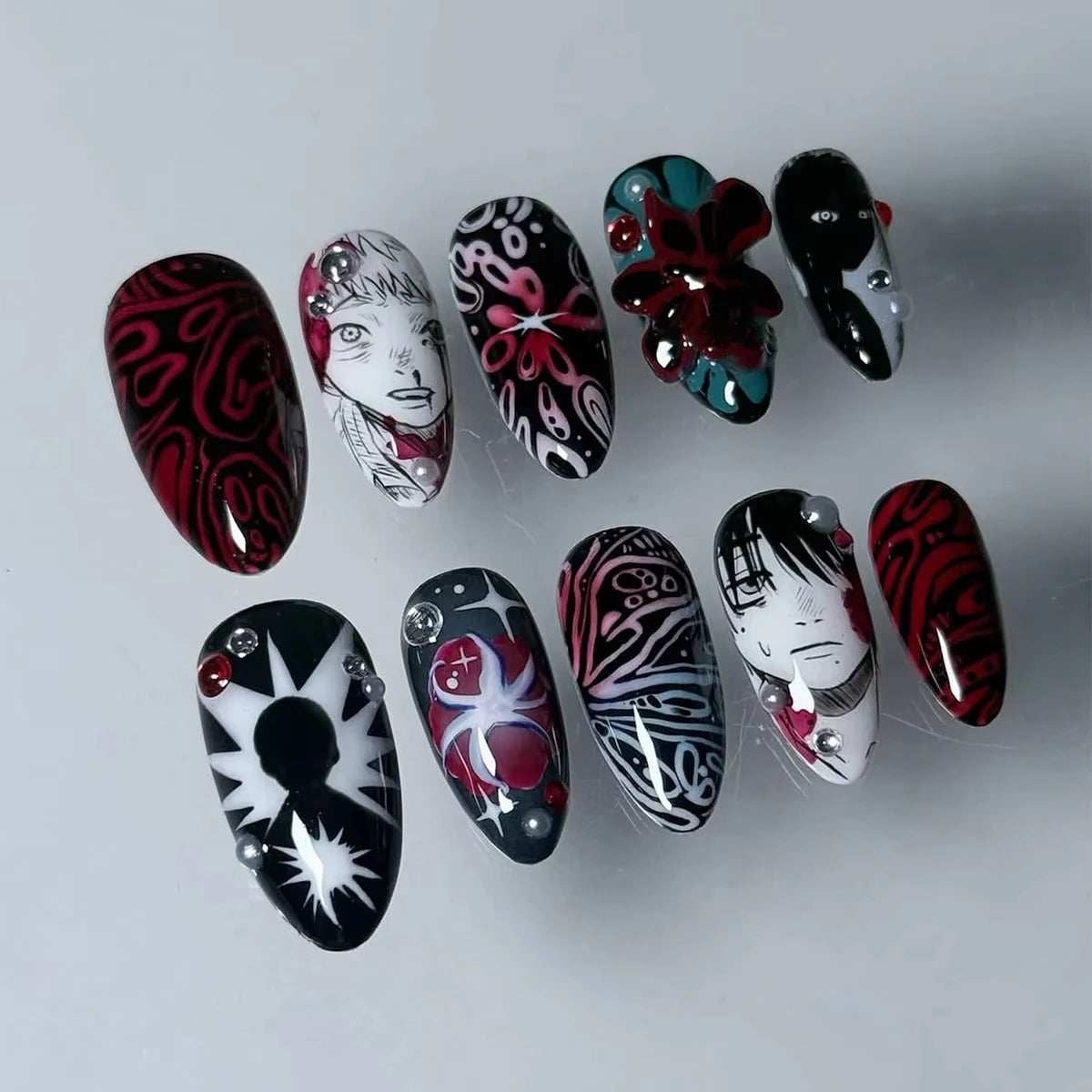 Halloween Horror Manga Press-On Nails with Red Swirls, Sculpted Details and Rhinestones
