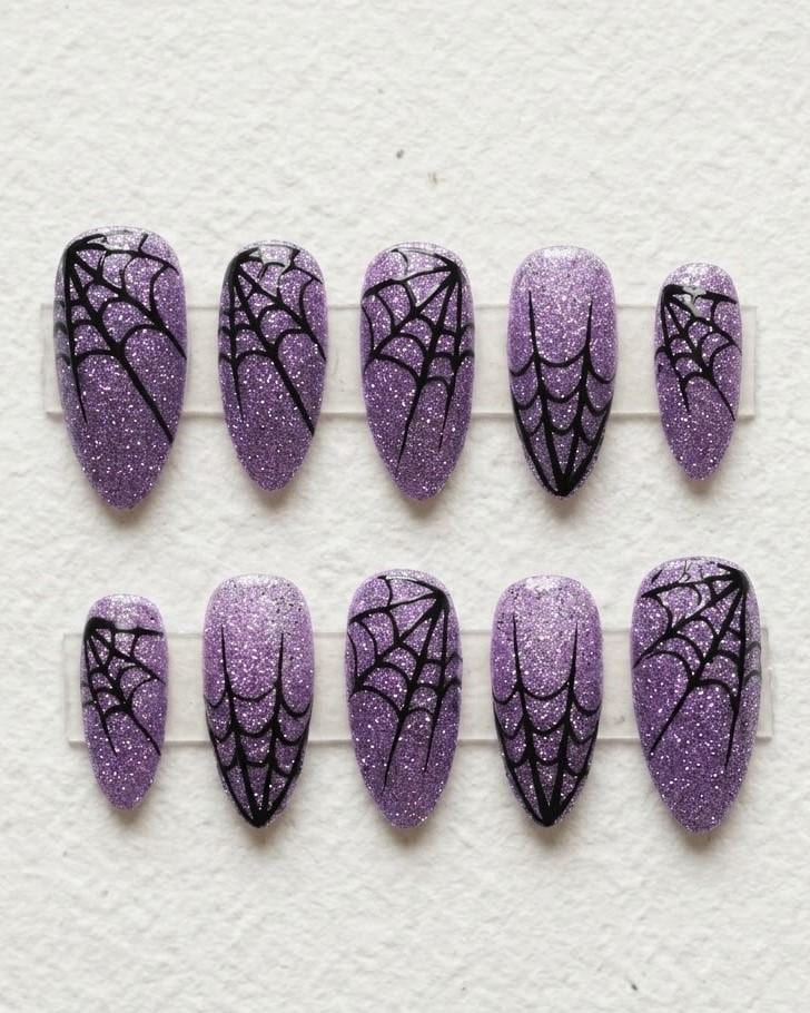 Halloween Lilac Glitter Spiderweb Press On Nails