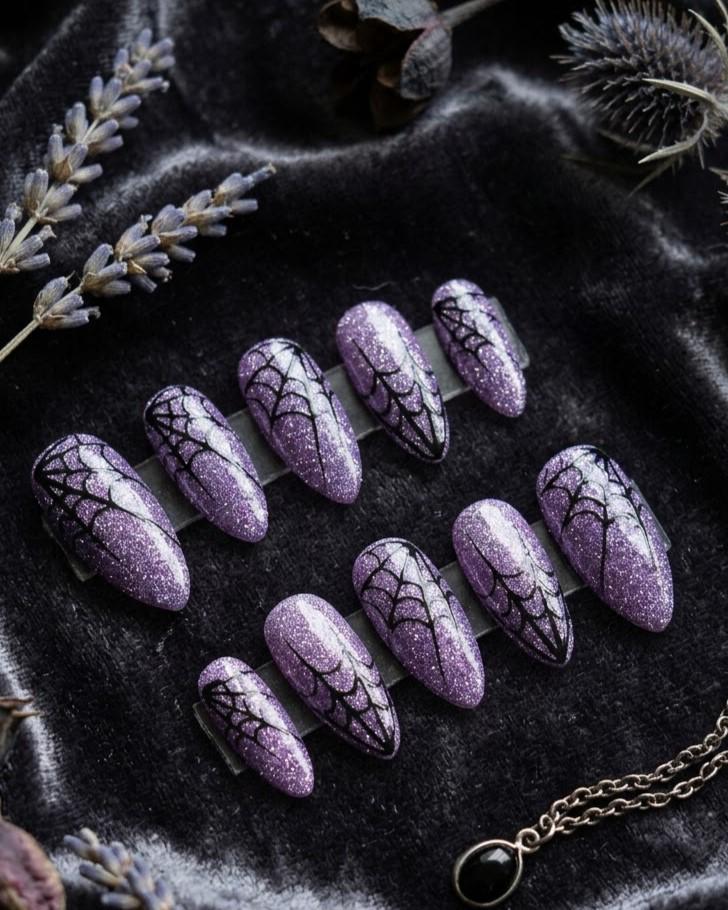 Halloween Lilac Glitter Spiderweb Press On Nails