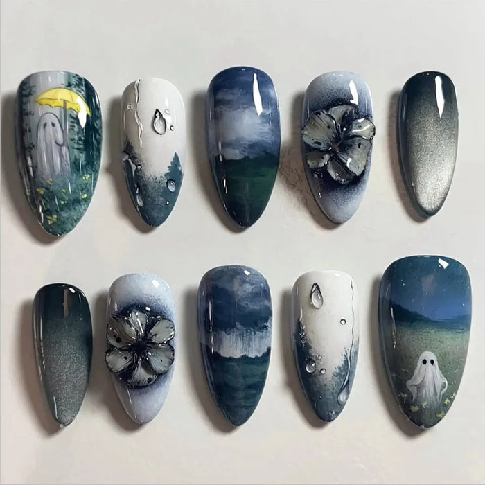Halloween Misty Blue Ghost Press On Nails with Raised Gray Flowers