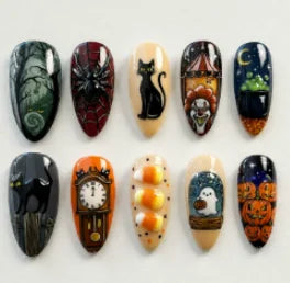Halloween Nail Set With Black Cat, Spider, Clown, Clock and Pumpkin Art