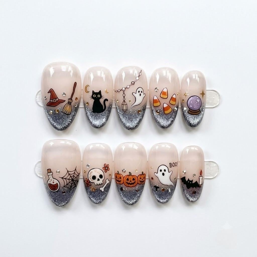 Halloween Nails with Silver Glitter Ombre Tips and Spooky Illustrations