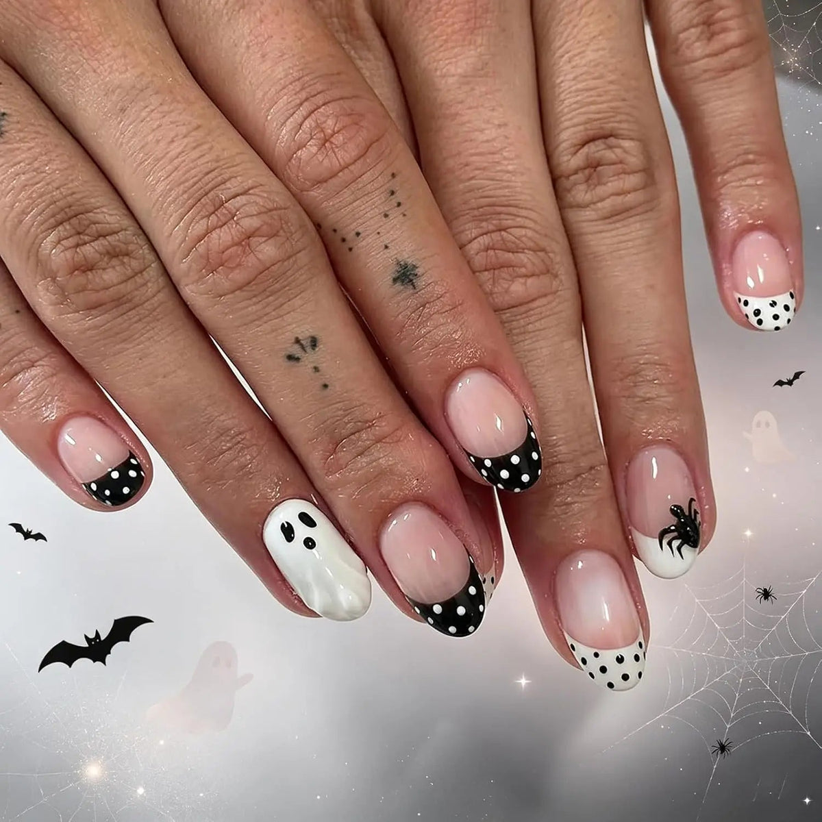 Halloween Nude French Tip Press On Nails With Polka Dots, Ghosts, and Spider