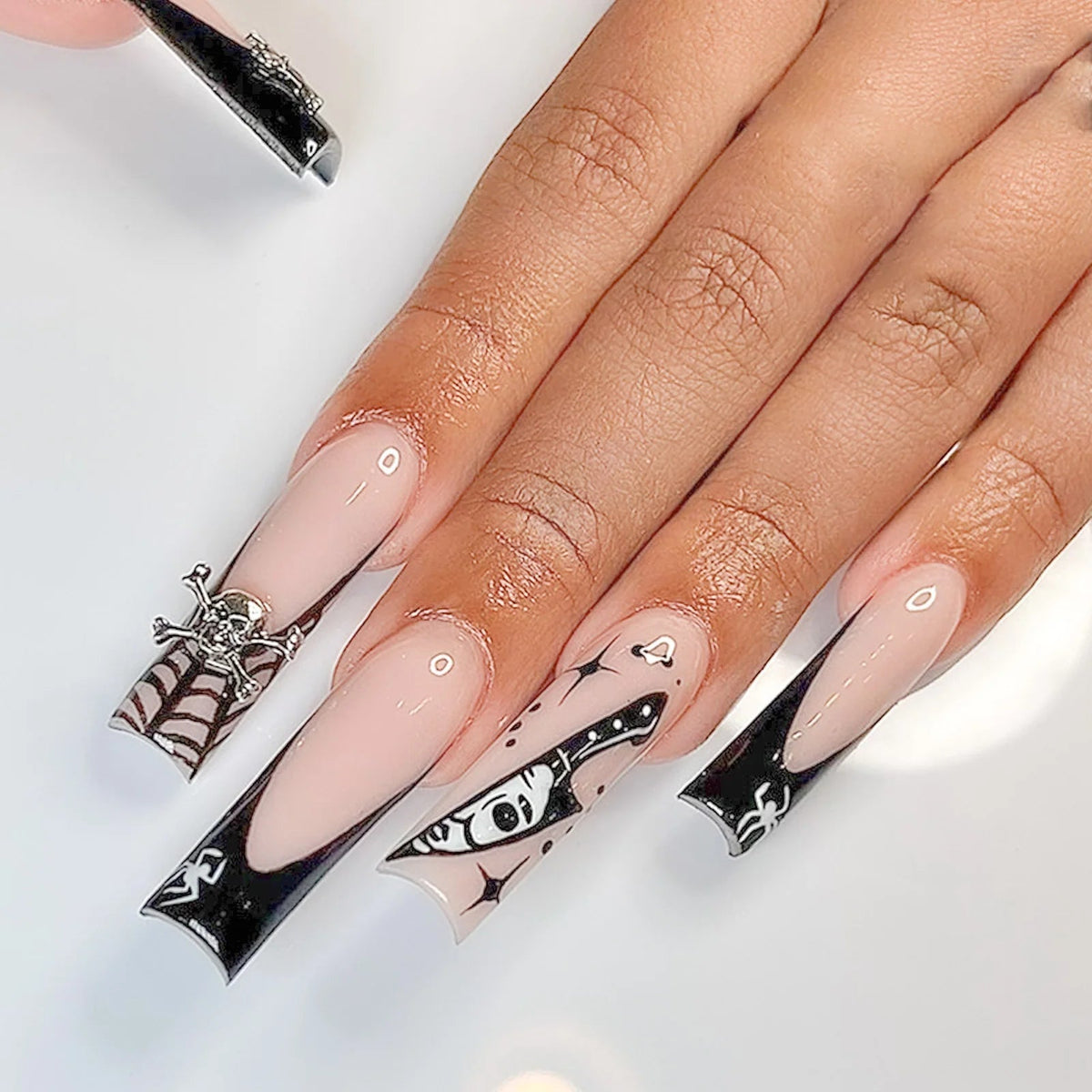 Halloween Pale Pink and Black Spider Web French Tip Nails with Silver Spider Charm