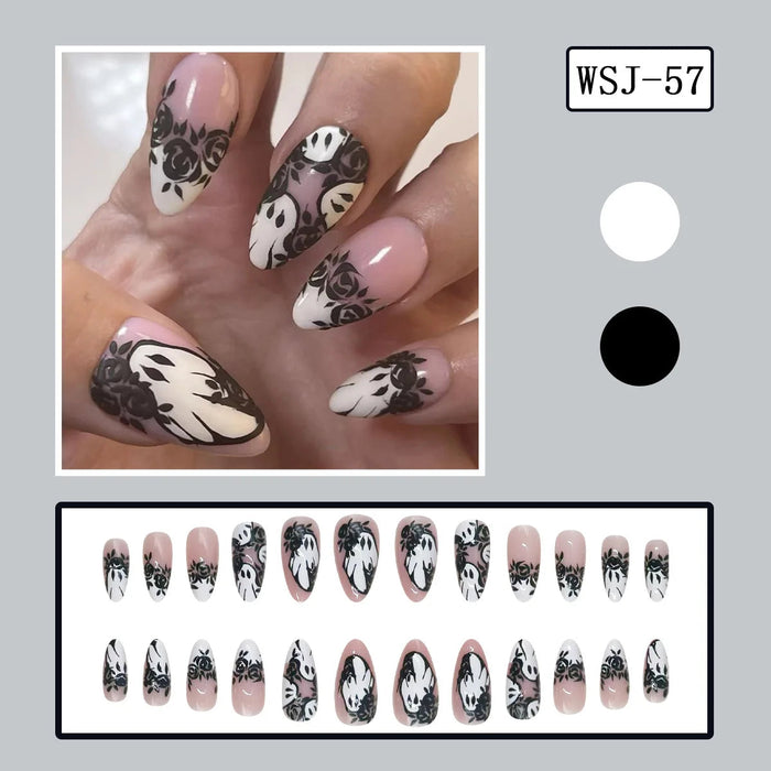 Halloween Pink and Black Floral Skull Press On Nails