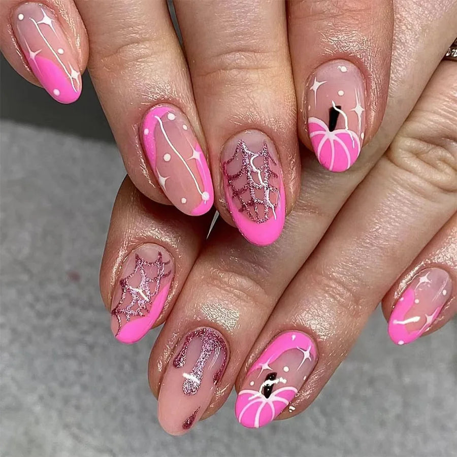 Halloween Pink French Tip Nails With Glitter Spiderwebs, Stars and Dots