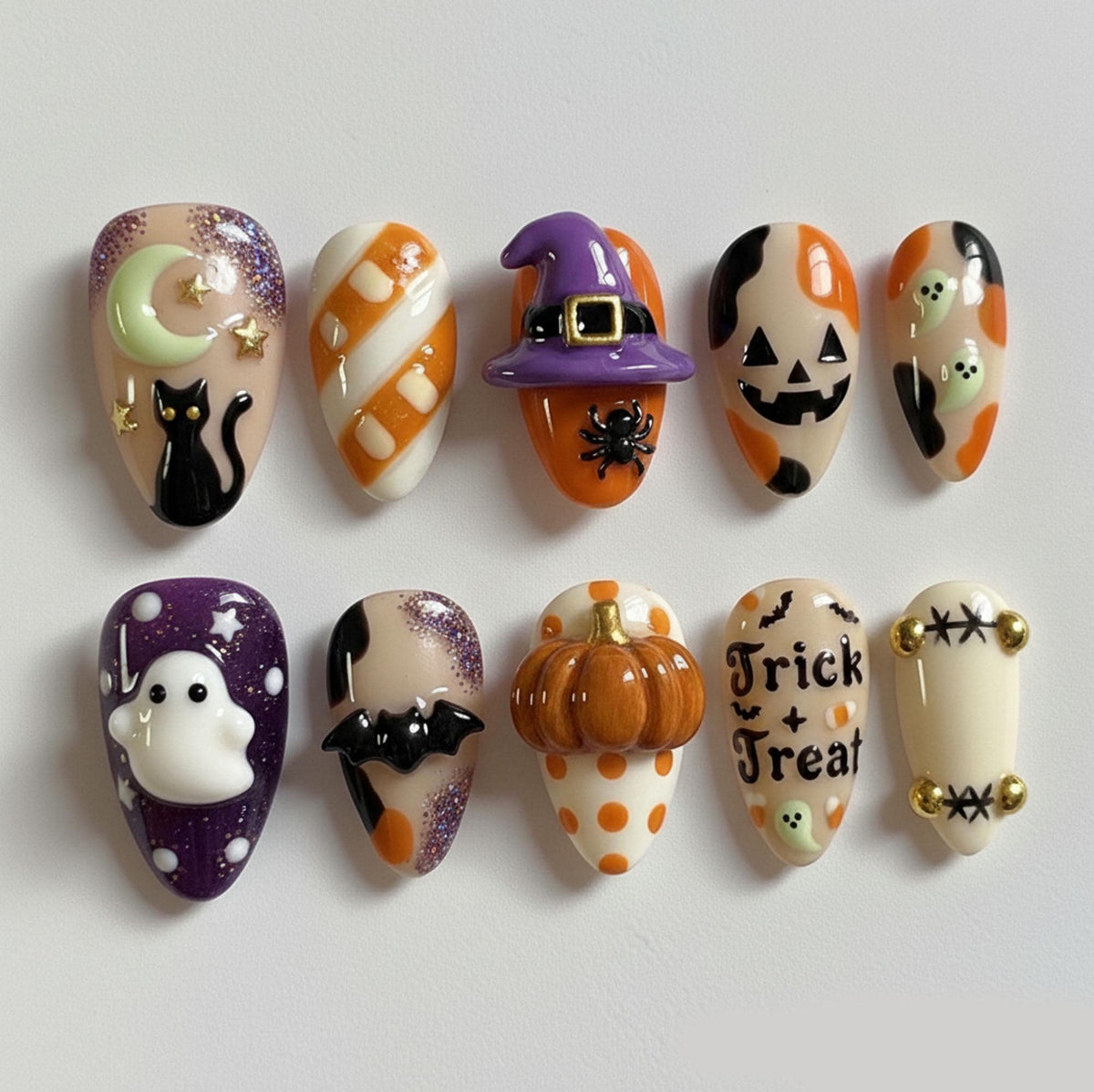 Halloween Press On Nails With 3D Cat, Ghost, Pumpkin, Bat and Candy Stripes