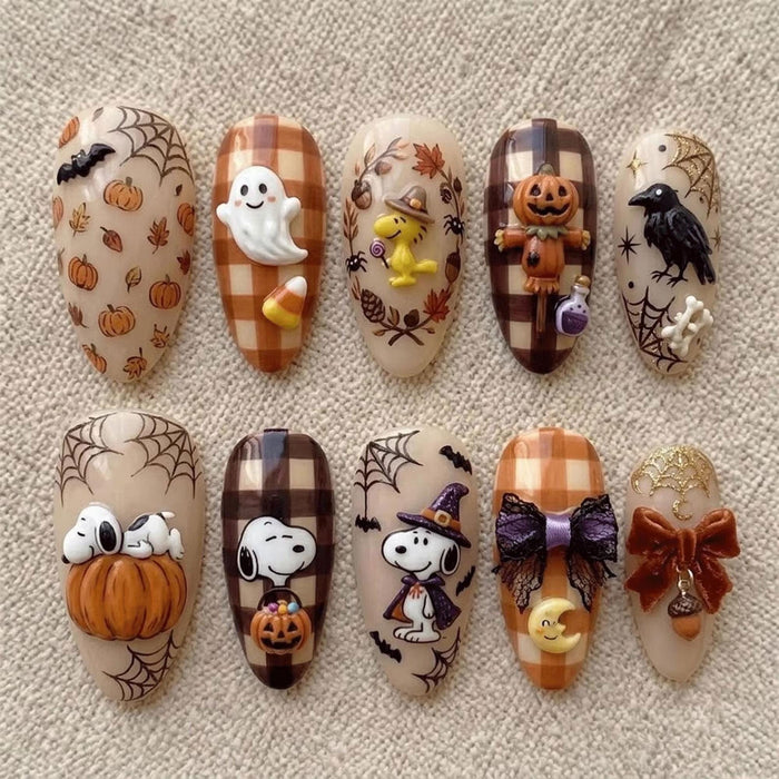 Halloween Press On Nails with 3D Ghosts, Pumpkins and Plaid